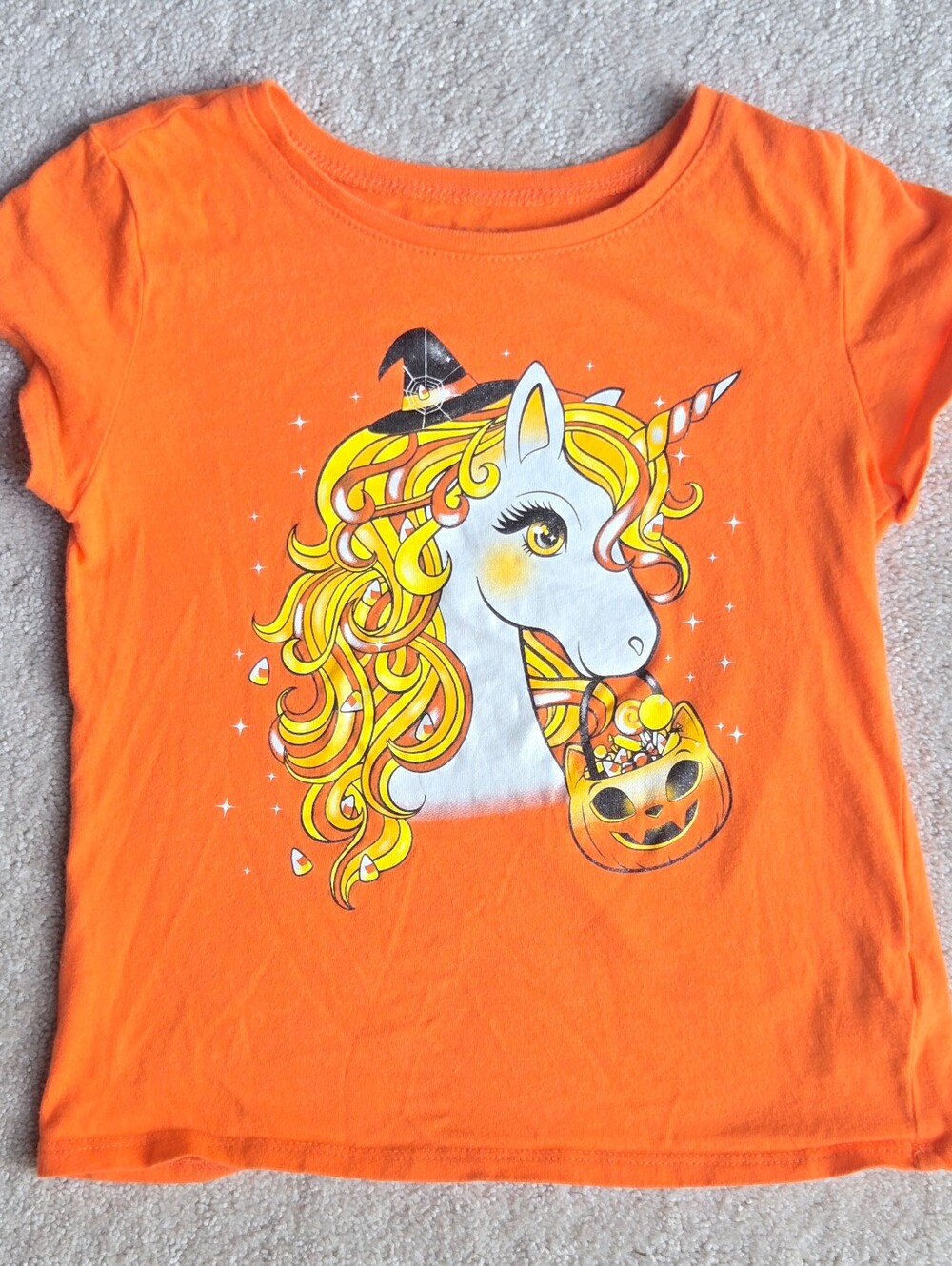 Place Orange Unicorn Halloween Tee with Yellow Mane and Black Hat